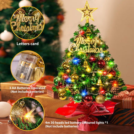Table top Christmas Tree 24 Inch Small Christmas Tree with 30 LED Lights, Prelit Artificial Mini Christmas Tree, Home, Office, DIY Christmas Decorations