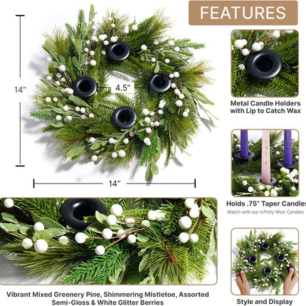 LampLust Advent Wreath Candle Holder, 14 Inch Advent Candle Wreath, Pine Candle Ring with White Berries and Black Candle Holders, Traditional Catholic Advent Wreath Christmas Decoration Set