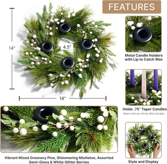 LampLust Advent Wreath Candle Holder, 14 Inch Advent Candle Wreath, Pine Candle Ring with White Berries and Black Candle Holders, Traditional Catholic Advent Wreath Christmas Decoration Set