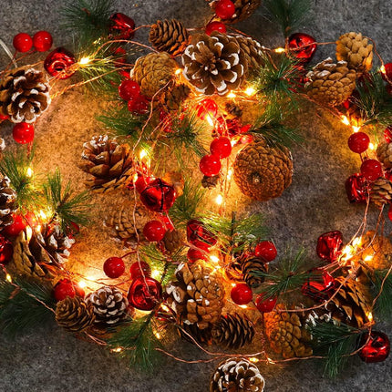 Christmas Garland with Lights 2PCS Pine Cones Red Berry Garland String Lights 6.5FT 20 LED Fairy Pinecone Lights for Fireplace Mantle Winter Xmax Tree Party Indoor Outdoor Decorations(2 Pcs)
