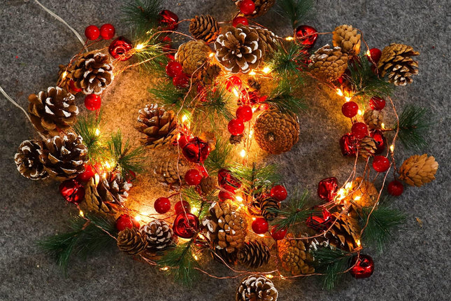 Christmas Garland with Lights 2PCS Pine Cones Red Berry Garland String Lights 6.5FT 20 LED Fairy Pinecone Lights for Fireplace Mantle Winter Xmax Tree Party Indoor Outdoor Decorations(2 Pcs)