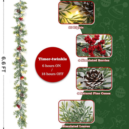 6 FT Artificial Christmas Garland, Faux Cypress Leaf Evergreen Garland with 20 LED Lights, Red Berries and Pinecones, Green-Yellow Leaves, Timer, Perfect for Indoor Outdoor Window Mantel
