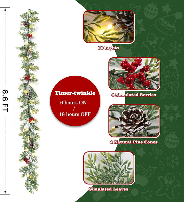 6 FT Artificial Christmas Garland, Faux Cypress Leaf Evergreen Garland with 20 LED Lights, Red Berries and Pinecones, Green-Yellow Leaves, Timer, Perfect for Indoor Outdoor Window Mantel