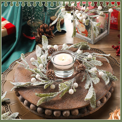 6 Pieces Christmas Pillar Candle Rings Frosted Mistletoe Wreaths with Pearl Accents Artificial Wreath Holiday Candle Rings for Holiday Parties and Home Decor