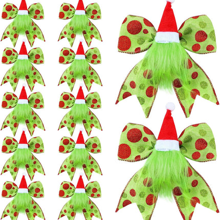 12 Pcs Red Green Christmas Bows Decoration 6 Inch Large Christmas Tree Wreath Bows with Santa Hat and Gnome Polka Dot Bows Ribbons Bows Glitter Bows for Xmas DIY Crafts Party Ornaments