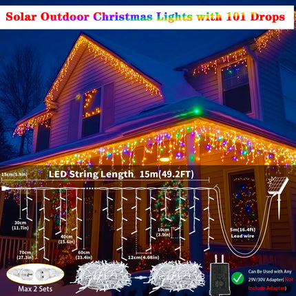 Solar Christmas Lights Outdoor Waterproof, 50+16Ft 506 LED Icicle Lights for Outside with 101 Drops Connectable Rechargeable Dimmable 8 Modes Fairy Lights for Xmas Outdoor House Roof Eaves