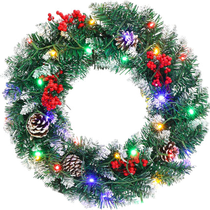Christmas Wreath, Outdoor Lighted Wreaths for Christmas, Front Door Christmas Wreaths with 30 LED, Pre-Lit Battery Powered Christmas Door Decorations with Pine Cones, Berry Clusters, 18 Inches