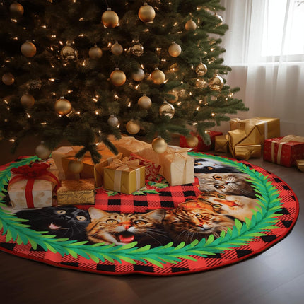 Christmas Cats Tree Skirt 48 Inches, Cat Lover s, Lace-up Kitten Red Xmas Tree Skirt for Christmas Tree Decor, Christmas Holiday Party Indoor Decor
