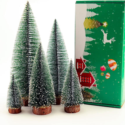 5pcs Mini Christmas Tree, Wooden Base Small Bottle Brush Christmas Tree, Christmas Village Small Christmas Tree, Suitable for Desktop Christmas Decoration, Holiday Party Decoration Crafts