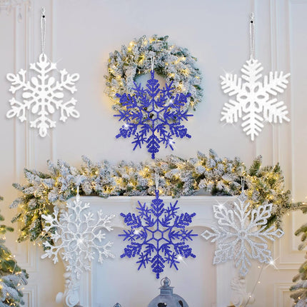 10 Pieces Large Snowflakes Ornaments 12'' Glittered Snowflakes Decorations Christmas Hanging Snowflake Decorations for Winter Christmas Tree Decorations Craft Snowflakes (Blue, Silver, White)