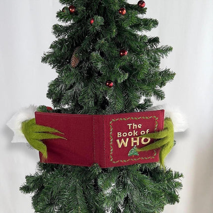 Whoville Grinnch Christmas Tree Decorations, Funnny Grinnch Reading The Book of WHO Christmas Tree Topper Ornaments Farmhouse Christmas Decor for Table Mantel Porch Holiday Party s
