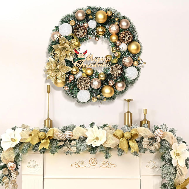Christmas Wreath with Lights Decorations -Christmas Wreaths for Front Door, 16 Inch Lighted Christmas Door Wreath with Poinsettias Balls Pinecones, Christmas Wreaths for Indoor Outdoor Decor