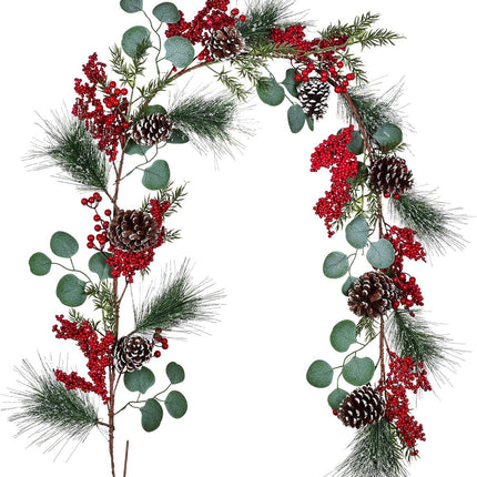 DearHouse 6 FT Red Berry Christmas Garland with Berries Pine Cones Spruce Eucalyptus Leaves Winter Greenery Garland for Holiday Season Mantel Fireplace Table Runner Centerpiece Decor