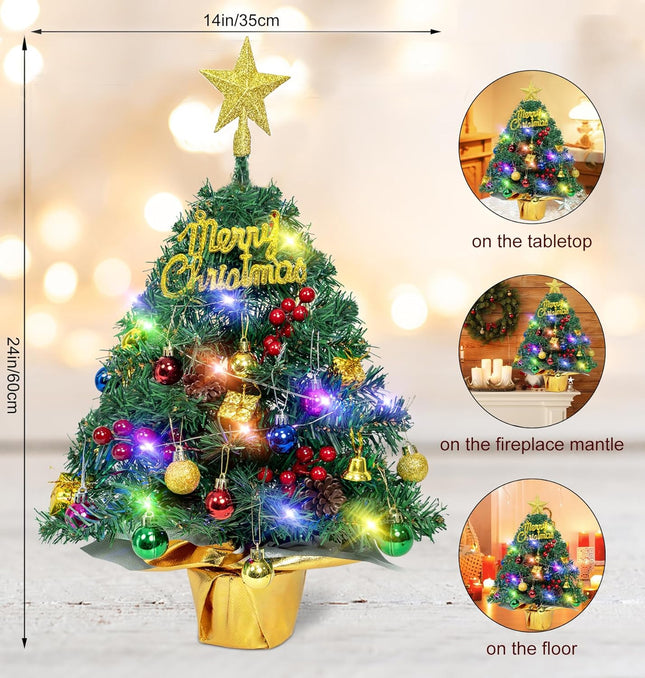 Small Christmas Tree with Lights, 24 in Table Top Christmas Tree 30 Multi-Colored LED Lights Artificial Fake Mini Christmas Tree Star Treetopper Pine Cones Ornaments Balls DIY Table Decorations