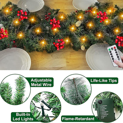 Remote Control - 9 Ft Prelit Christmas Garland 50 Lights Timer 8 Mode Thick 300 Branches 198 Red Berry 18 Pinecone Battery Operated Cedar Garland Outdoor Christmas Garland for Stairs Indoor Xmas Decor