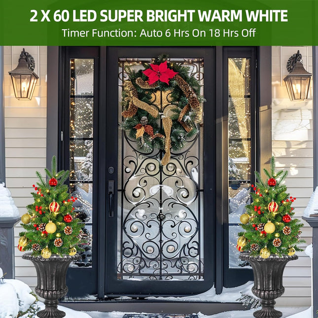 2Pcs Prelit Porch Christmas Trees 30 inch Lighted Outdoor Christmas Trees 120 LED Warm Light Lighted Pathway Flowerpot Christmas Trees with Timer Function Auto On/Off 8 Mode Lighting Battery Powered