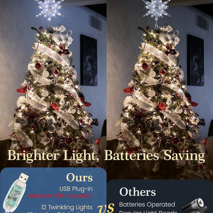 Luxspire Christmas Tree Topper, Double-Layer Glitter Metal 3D Lighted Tree Topper with USB Plug in & Remote Control, 10.6" Christmas Decorations Lights for Home Party, Silver