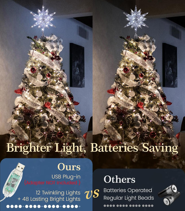 Luxspire Christmas Tree Topper, Double-Layer Glitter Metal 3D Lighted Tree Topper with USB Plug in & Remote Control, 10.6" Christmas Decorations Lights for Home Party, Silver
