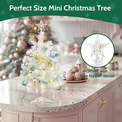 Small White Christmas Tree, 24 Inch/2ft Artificial Mini Table Top Christmas Tree, Tabletop Christmas Tree with Star, Ball Ornaments for DIY Christmas Decorations