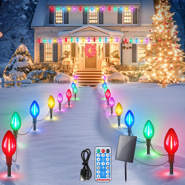 Minetom Solar Double C9 Christmas Pathway Lights Outdoor -16FT 10 LED C9 Christmas Lights Outdoor with Timer,8 Modes, Solar Christmas Outdoor Decorations for Lawn Walkway Outside Holiday, Multicolor