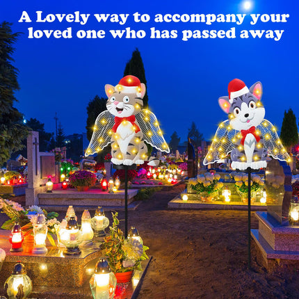 2 Pack Solar Christmas Stake Lights, LED Christmas Decorative Stakes Metal Cat with Santa Hat for Outdoor Xmas Pathway Lights Holiday Lawn Yard Garden Decoration, 32 Inches