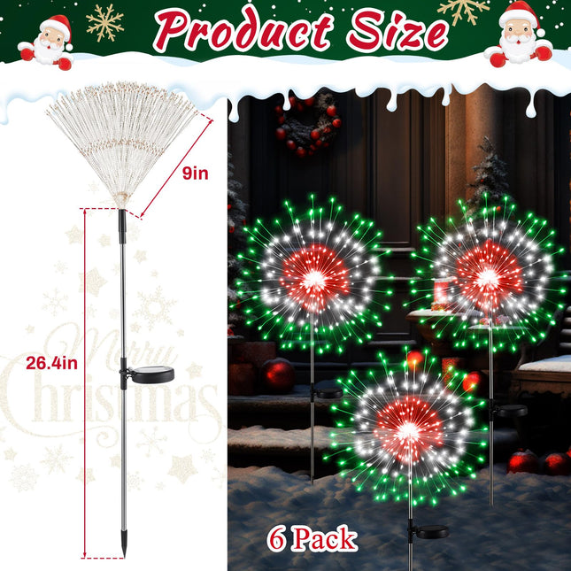 6 Pcs Christmas Solar Firework Lights Solar Lights Outdoor Garden 120 LED 8 Modes Waterproof LED Sparkler Lights Outdoor for Patio Yard Pathway Walkway(Red, White, Green)