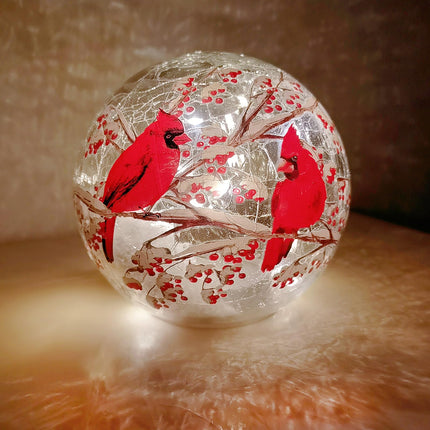 Glass Ball Light Crackle LED Night Light Red Bird Pattern Battery Operated Light Tabletop Decorative Sphere Lamp LED Orb Table Lamp for Outdoor Living-Room Pathway Patio Yard Lawn Bedroom