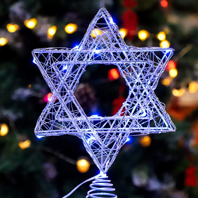 Rattan Star of David Chanukah Christmas Tree Topper, with Blue LED String, Wire Weaving, Battery Powered, 7'' Star Tree Topper for Diwali, Birthday, Wedding, Parties & Home