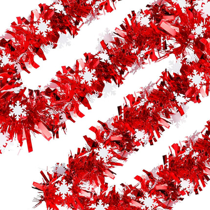 Christmas Tinsel Garland - 33ft Christmas Snowflake Tinsel Garland, Red Christmas Tree Thick Metallic Garland for Indoor Outdoor Porch Window Fireplace Wall Decorations Xmas Party Supplies