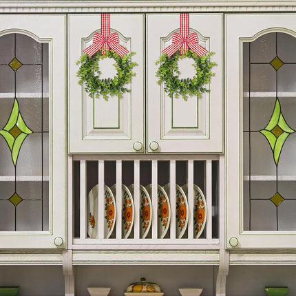 2 Pieces Faux Kitchen Cabinet Wreaths Christmas Boxwood Wreaths with Ribbon Artificial Green Leaves Wreaths Decorative Christmas Hanging Wreaths for Cabinet Wall Window (Red and White)