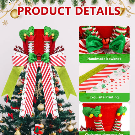 Christmas Tree Topper Hat, Elf Legs Xmas Tree Toppers Large Red Velvet Hat with Lengthened Bowknot, Christmas Tree Ornaments for Christmas Holiday Home Decoration