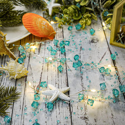 Christmas Beaded Starfish Garland Beach Decor Ocean Coastal Themed Beach Diamond Beads Garland with White Starfish Beaded Garland for Xmas Tree Wedding Beach Party Decor (with Lights, 33 Feet)