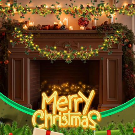 Ceenna 6 Pcs Christmas Garland with Lights, Pre Lit 6 ft Cones Berry Battery Operated Pine Garland, 25 LED Lights Christmas Decorations for Outdoor Fireplace Mantel Home Rooms (Red Berry)