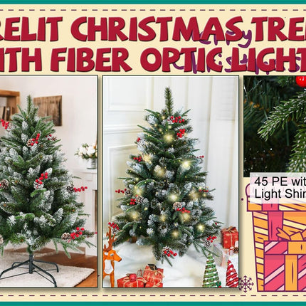 4ft Christmas Tree Prelit 4 feet Christmas Tree with Lights Fluffy 272 PVC PE Pine Needle, 18 Pinecones, 18 Berries, 140 Warm White Lights Bring Holiday Touch Full & Realistic Thin Shinny Snow