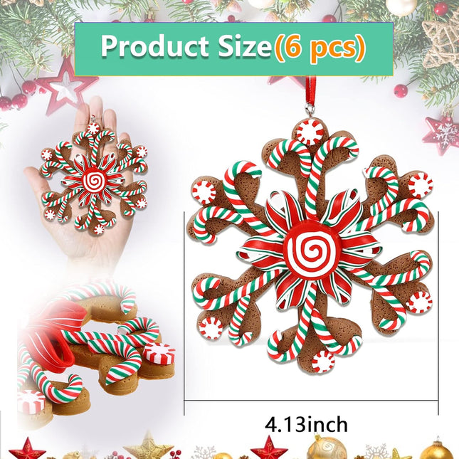6 Pcs 4 Inch Assorted Christmas Snowflake Ornaments Colorful No Glitter Polymer Clay Ornaments Christmas Tree Decorations with Gingerbread Candy Cane Peppermint Ribbon Candy Design Xmas Home Decor