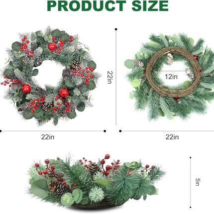 22 Inch Christmas Wreath Christmas Wreaths for Front Door Artificial Winter Wreath with Red Balls Holly Berries Pine Cones and Eucalyptus Leaves for Xmas Holiday Wall Fireplace Porch