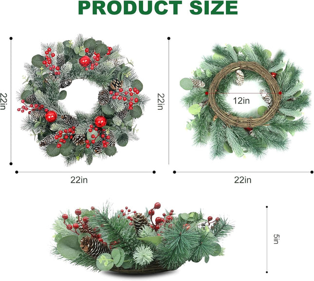 22 Inch Christmas Wreath Christmas Wreaths for Front Door Artificial Winter Wreath with Red Balls Holly Berries Pine Cones and Eucalyptus Leaves for Xmas Holiday Wall Fireplace Porch