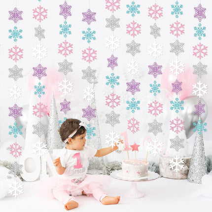 Winter Snowflake Hanging Decorations, Glitter Purple Pink Silver Christmas Snowflakes Hanging Garland Frozen Party Decorations for Winter Wonderland Baby Shower Frozen Birthday Party Decorations