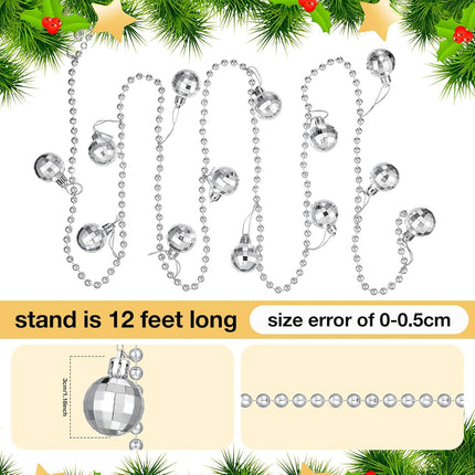 Disco Balls Garland Reflective Mirror Ball Ornaments Silver Mini Disco Ball Christmas Tree Garland 70s Disco Party Supplies for Christmas Xmas Music Party Decoration (12 Feet)