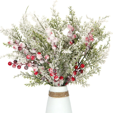 Pack of 4 Artificial Frosted Pine Branches with Red Berries 17" Snowy Christmas Tree Picks Winter Greenery Sprays White Fake Cedar Holly Berry Stems for Vase Fillers Craft Wreath Holiday Décor (Red)