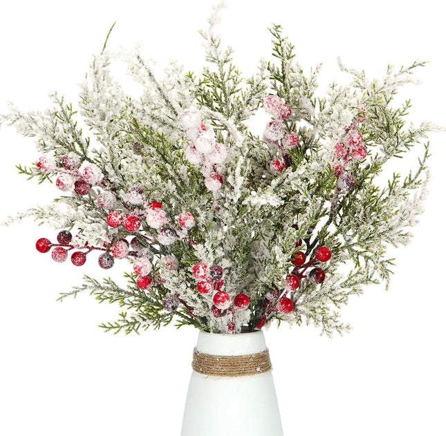 Pack of 4 Artificial Frosted Pine Branches with Red Berries 17" Snowy Christmas Tree Picks Winter Greenery Sprays White Fake Cedar Holly Berry Stems for Vase Fillers Craft Wreath Holiday Décor (Red)