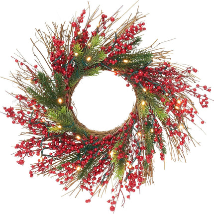 Pre-Lit Christmas Wreath 20 Inches Small Light Timer Artificial Pine Berries Xmas Decorations for Front Door Holiday Fireplace Wall Window Decor