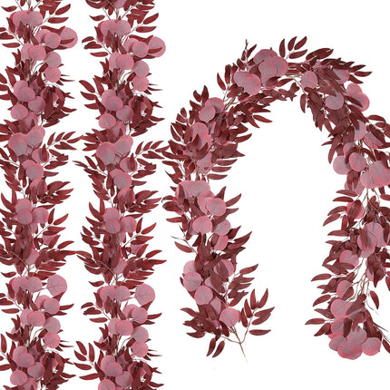 2Pcs Artificial Eucalyptus Garlands with Willow Leaves 6.6 Ft Faux Hanging Eucalyptus Willow Vines Fall Rattan for Thanksgiving Christmas Party Wedding Table Centerpiece Fireplace Decoration(Burgundy)