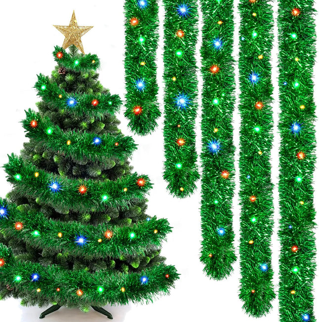 Christmas Garland Prelit Tinsel 32.8 Ft, Green Metallic Garlands with 100 LED Lights for Christmas Tree Wreath Year Party Home Railing Holiday Indoor Outdoor Wedding Decorations