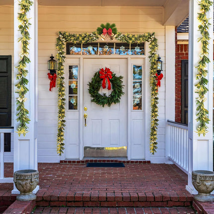 Ethlomoer 6.6FT Pre-lit Christmas Garland with 20 LED Lights, Battery Operated, Flocked Olive Lighted Garland with Snowflakes for Mantle Stairs Wall, Indoor&Outdoor, Greenery Garland for Christmas Dec