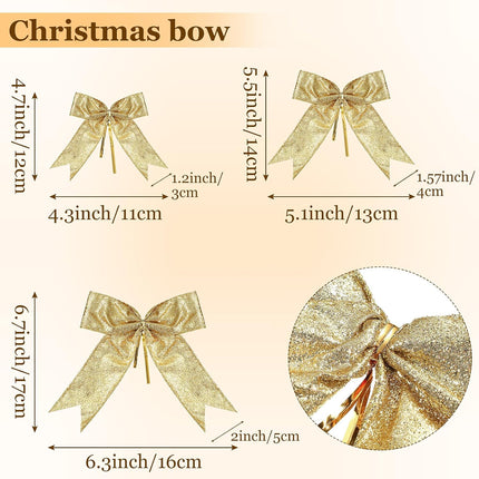 Waydress 36 Pieces Bow Decor, Christmas Tree Bow Ornament, Glitter Ribbon Bowknot for Wreath Garland, Party Crafts Home Decoration, 3 Sizes 4.3 x 4.7 Inch, 5.1 x 5.5 Inch, 6.3 x 6.7 Inch (Gold)