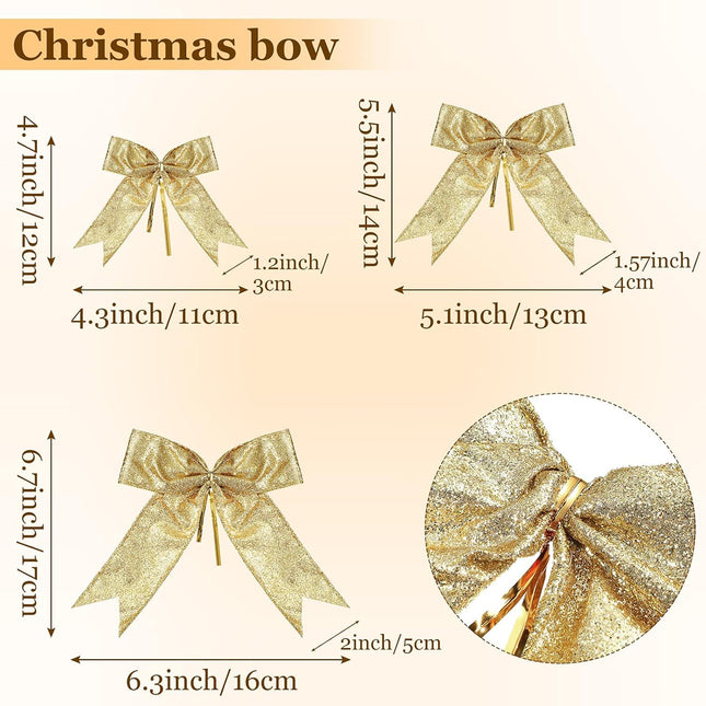 Waydress 36 Pieces Bow Decor, Christmas Tree Bow Ornament, Glitter Ribbon Bowknot for Wreath Garland, Party Crafts Home Decoration, 3 Sizes 4.3 x 4.7 Inch, 5.1 x 5.5 Inch, 6.3 x 6.7 Inch (Gold)