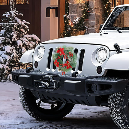 Car Wreath Truck Christmas Decor - 11.8in Xmas Front Grille Decoration s for SUVs Automotive, Winter Holiday Artificial Pine Needles Pinecone Ornament Accessories - Red Flower Berry