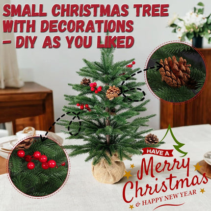 Small Christmas Tree with Lights Tabletop Christmas Tree with 57 PE Tips, 8 Pinecones, 8 Berries, 45 Lights Fluffy Pre-Decorated 2ft Xmas Tree - Add Festival Touch Green Mini Christmas Tree