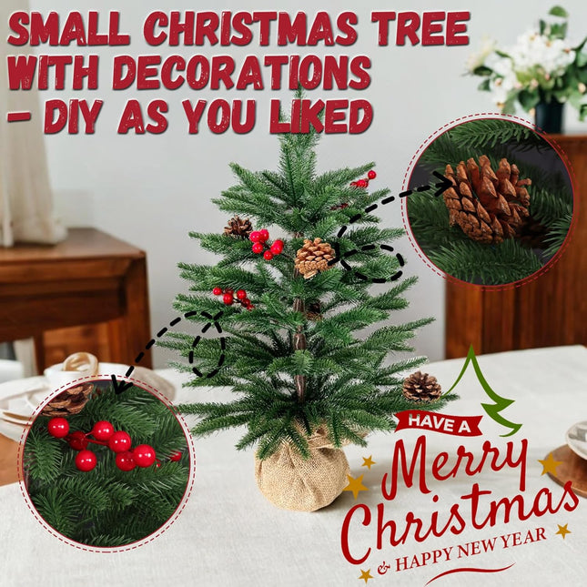 Small Christmas Tree with Lights Tabletop Christmas Tree with 57 PE Tips, 8 Pinecones, 8 Berries, 45 Lights Fluffy Pre-Decorated 2ft Xmas Tree - Add Festival Touch Green Mini Christmas Tree